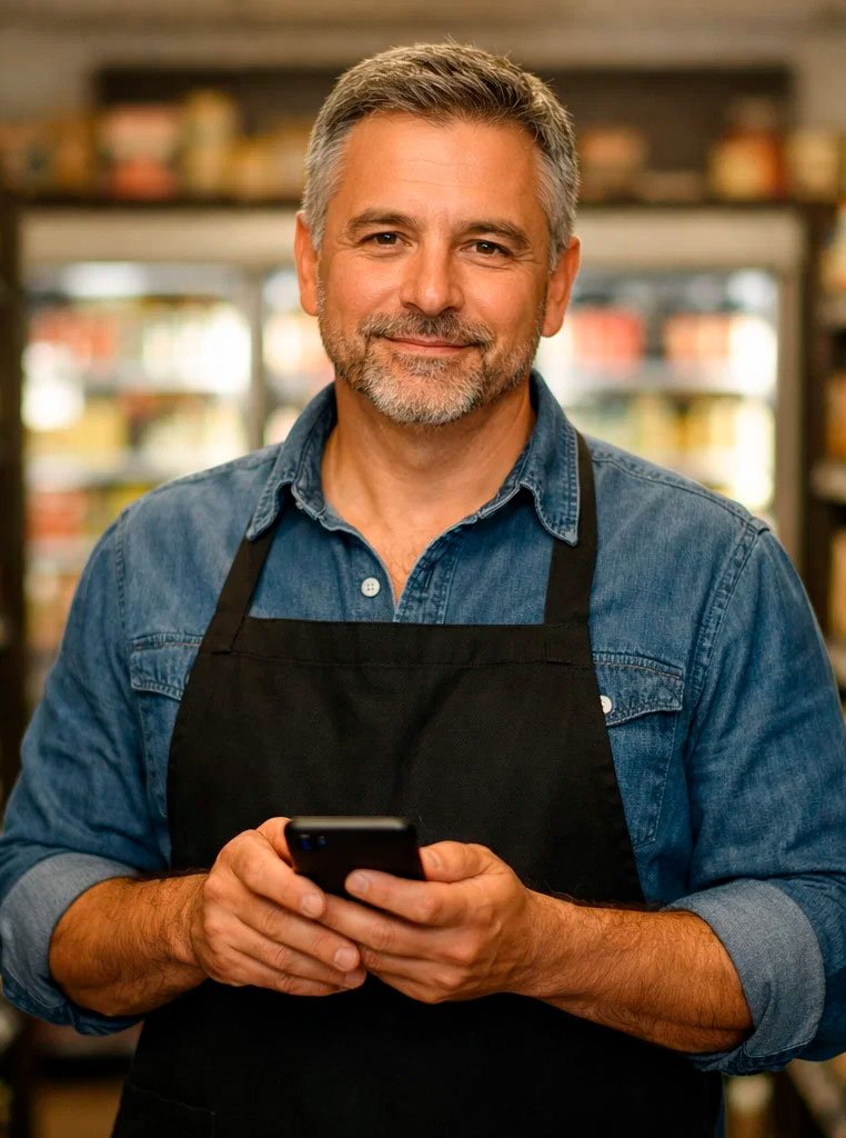 Shopkeeper using listio on phone for inventory control